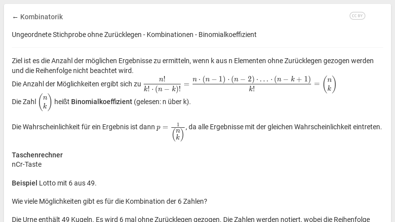 Kombinatorik Ohne Zurucklegen Ohne Reihenfolge Kmap